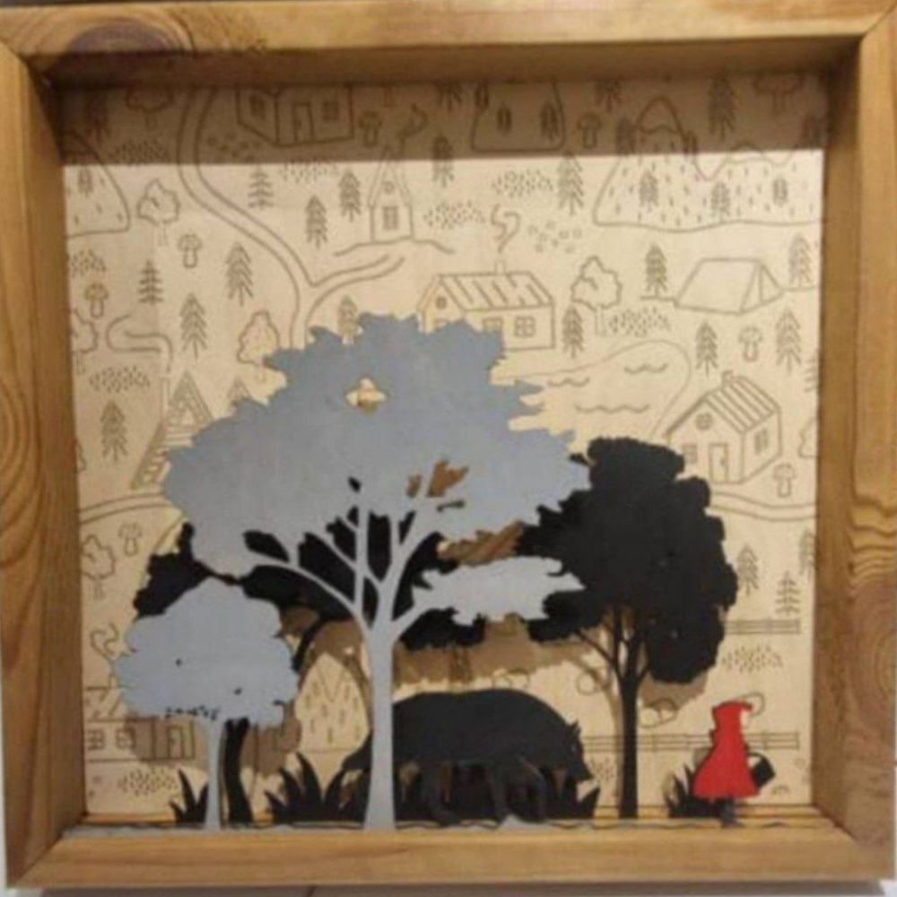 تابلو چوب دست ساز طرح جنگل، گرگ و شنل قرمزی