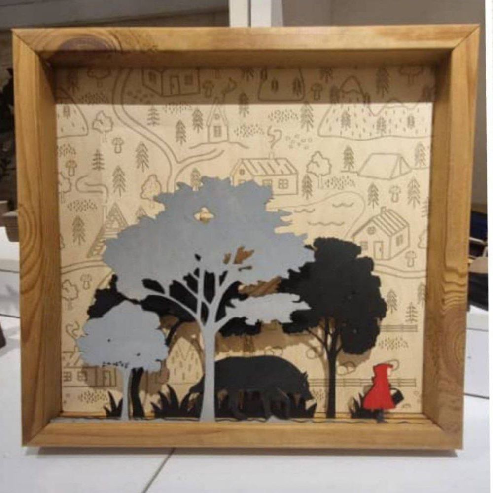 تابلو چوب جنگل، گرگ و شنل قرمزی