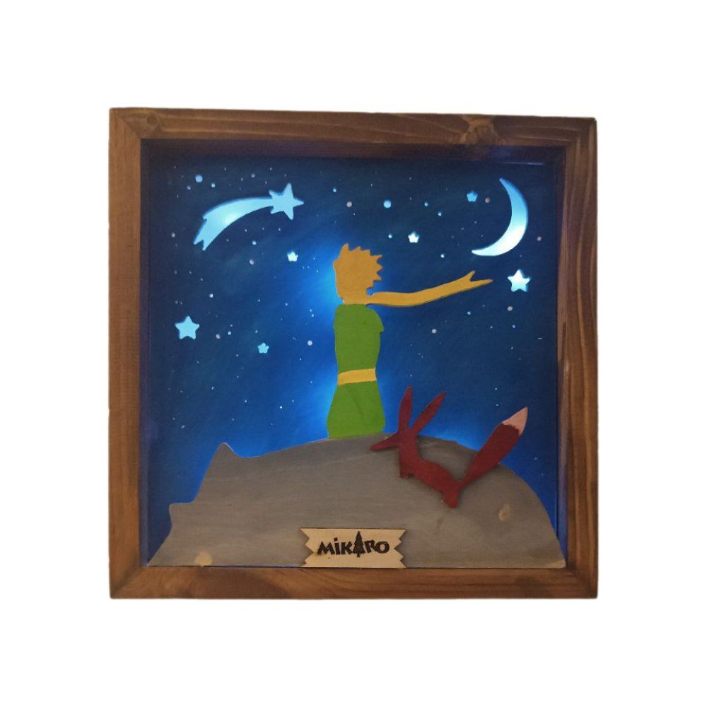 تابلو دکوراتیو چراغ دار چوبی طرح شازده کوچولو و روباه