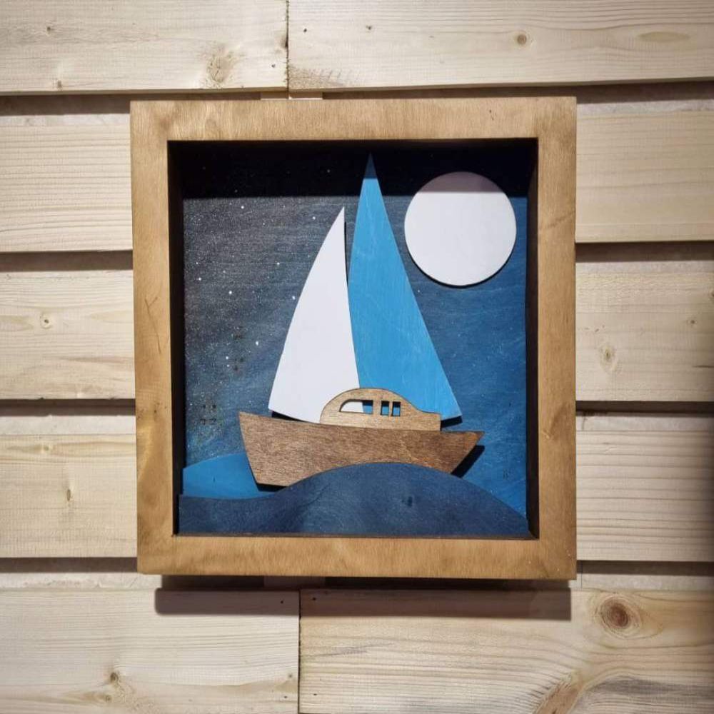 تابلو چوب دست ساز قایق بادبانی و شب های اقیانوسی